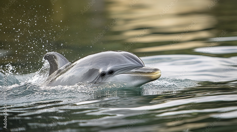 Fototapeta premium Dolphin swimming gracefully in calm water, showcasing its beauty and agility