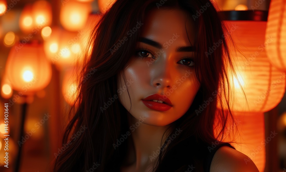Young woman illuminated by lanterns Young woman illuminated by lanterns