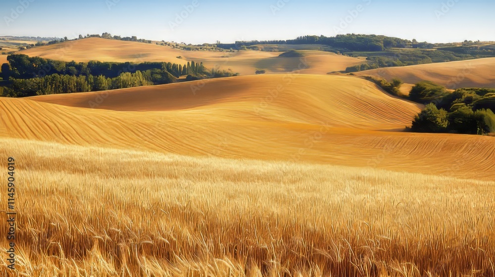 Fototapeta premium Vast expanses of golden wheat fields stand ready for harvest, showcasing the beauty of golden wheat fields in their prime, embodying the promise of a bountiful harvest.