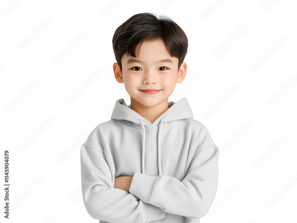 Stylish young boy in white hoodie, full body portrait on plain background Stylish young boy in white hoodie, full body portrait on plain background