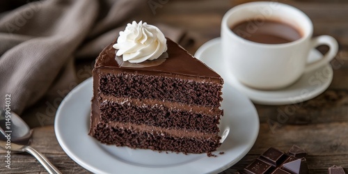 Indulge in the rich flavors of chocolate cake paired with a warm cup of hot cocoa. This delightful combination of chocolate cake and hot cocoa creates the perfect comforting treat. photo