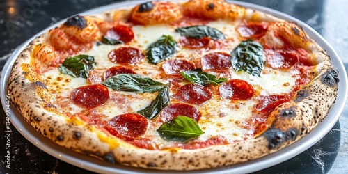 Indulge in a vibrant napolitanian Italian pizza, a delicious marguerita pizza that captures the essence of fast food. Experience the colors and flavors of this street food delight, a true Italian food photo