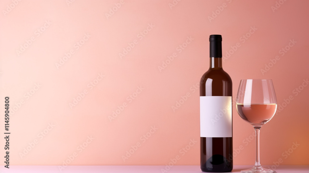 Bottle with label and glass of pink wine on a light pastel pink background. Alcoholic grape drink - mock up, branding, bottle Bottle with label and glass of pink wine on a light pastel pink background. Alcoholic grape drink - mock up, branding, bottle