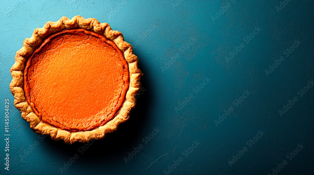 Delicious homemade pumpkin pie on teal background. Delicious homemade pumpkin pie on teal background.
