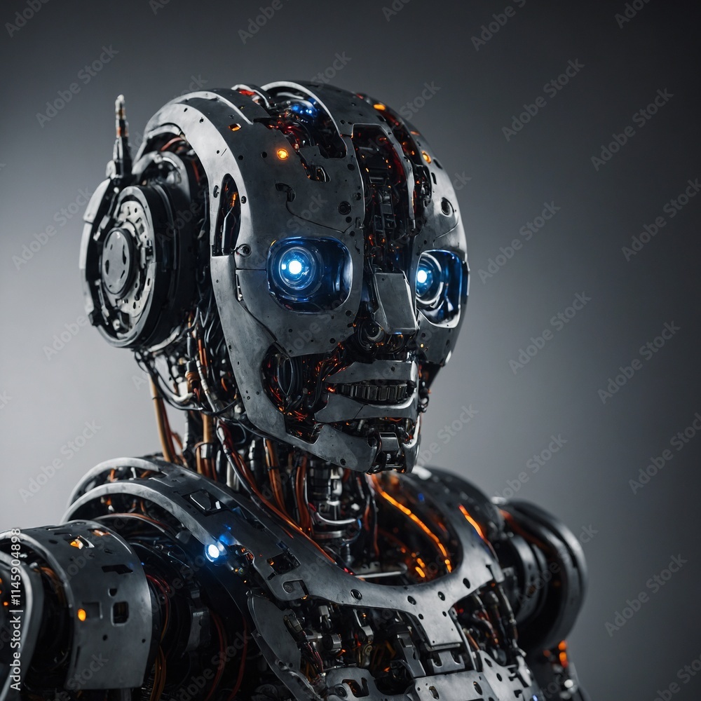 A robot with embedded LED panels displaying animations. A robot with embedded LED panels displaying animations.