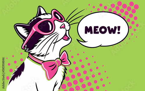 Trendy cat with pink sunglasses and a bow tie, meowing 'MEOW!' in a comic-style speech bubble. Bright green background with pink polka dots creates an eye-catching, fun scene.