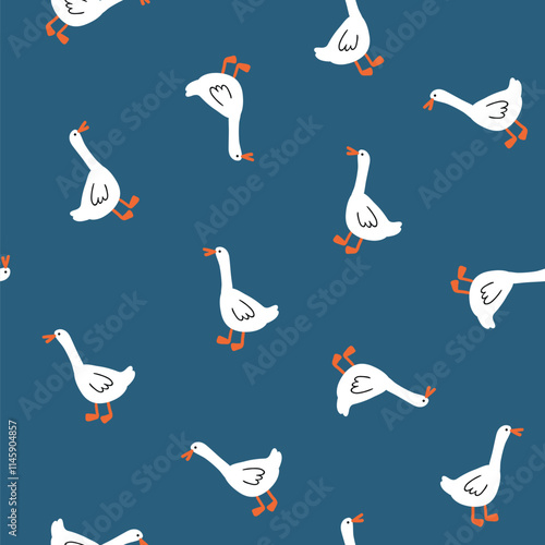 White goose on blue background. Animal seamless pattern. Vector simple print. Funny childish bird design for kids wallpaper, fabric or wrapping paper. Cute animal texture.