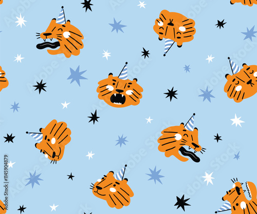 Vector tiger party seamless pattern. Happy birthday repeat fabric design with cute animals and stars on blue background. Ideal for wrapping paper. Funny tiger vector illustration.