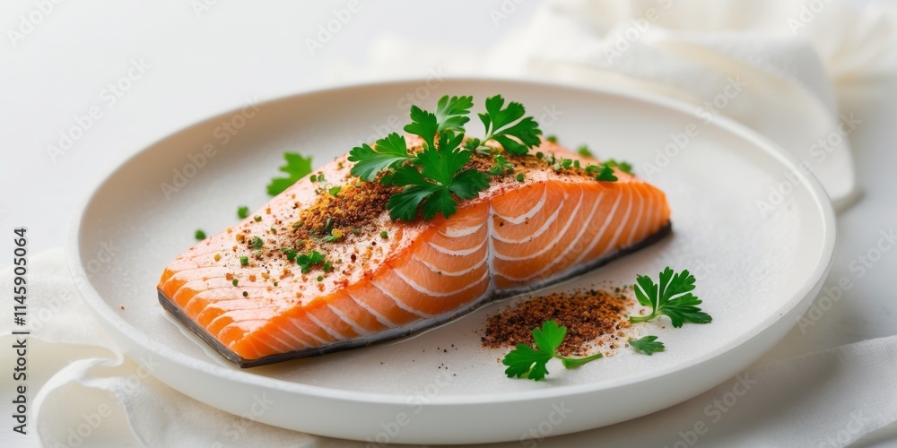 Freshly prepared salmon fillet garnished with herbs and spices on a white platter for a gourmet meal Freshly prepared salmon fillet garnished with herbs and spices on a white platter for a gourmet meal