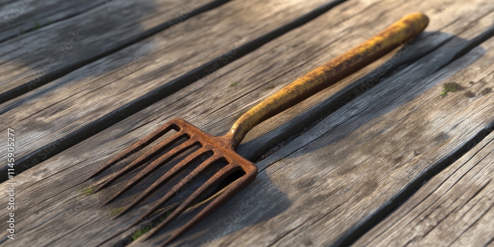 Fototapeta premium A gardening implement that includes a compact rake placed on a wooden surface. This tool is designed for gardening tasks, emphasizing its small rake feature.
