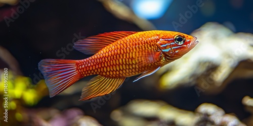 Dario red fish, a vibrant male tropical freshwater species, gracefully swims in an aquarium setting. This Dario red fish showcases its stunning colors and characteristics in a captivating macro close photo