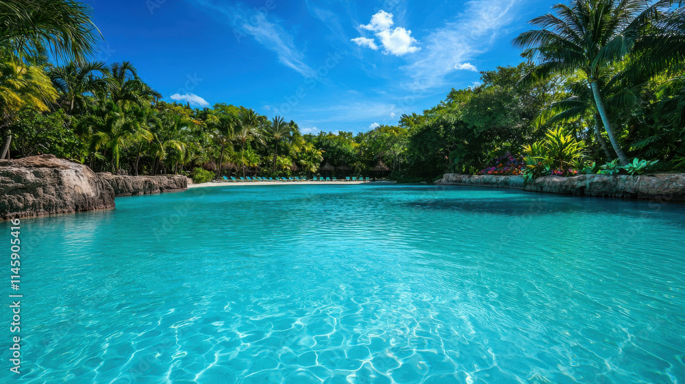 Fototapeta premium Bright Tropical Lagoon Surrounded by Lush Palm Trees under a Clear Blue Sky