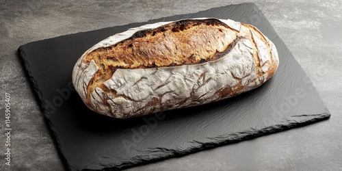 Artisan rustic bread loaf displayed on a black slate board, showcasing its texture and crust. This rustic bread loaf is perfect for any culinary presentation or food related theme. photo