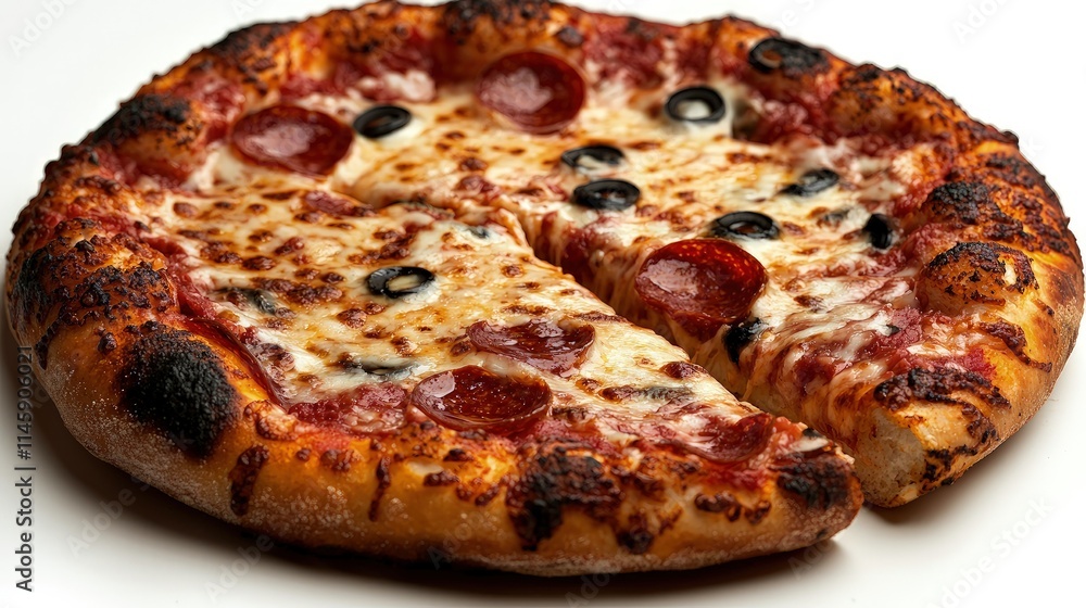 Delicious pepperoni and black olive pizza with a slice removed, on a white background. Delicious pepperoni and black olive pizza with a slice removed, on a white background.