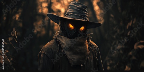 Halloween horror scene featuring a menacing Scarecrow with a bag over its head, dressed in a sackcloth vestment and black hat, lurking in the shadows of a dark forest. Experience the thrill of photo