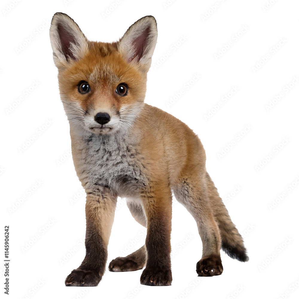 Fototapeta premium High-resolution photo of a full body red fox cub with large ears standing, isolated on transparent background