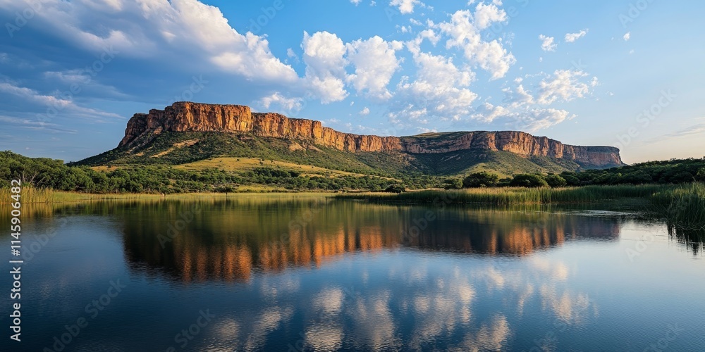 Fototapeta premium The Magaliesberg Mountain Range majestically rises over the serene waters of the dam, showcasing the breathtaking beauty of the Magaliesberg and its stunning natural surroundings.