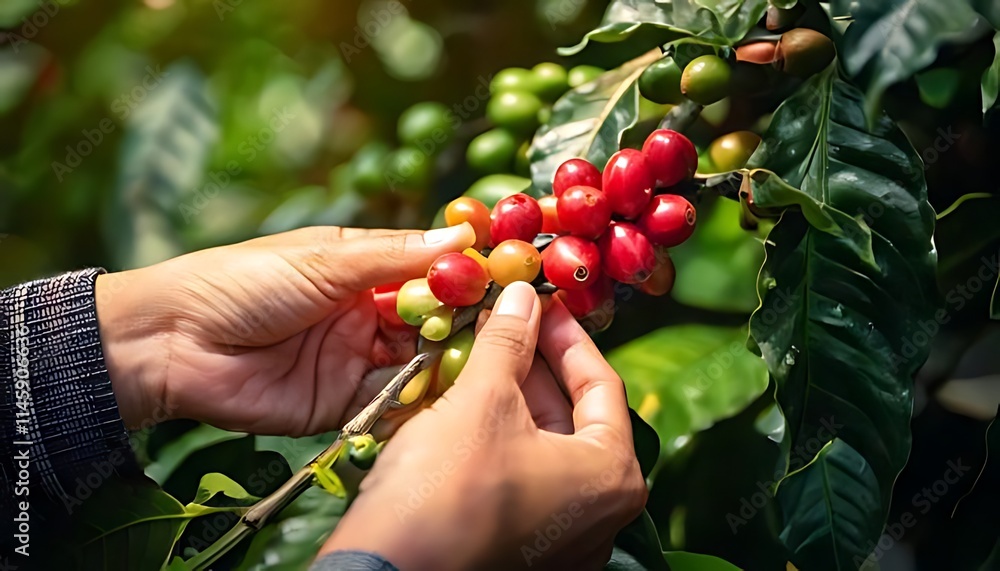 Hands pick red and green coffee cherries from a branch. Hands pick red and green coffee cherries from a branch.