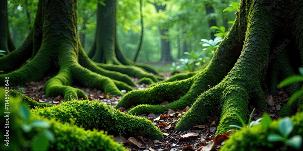 Lush Green Forest Floor Moss Covered Tree Roots and Groundcover in a Sun-Dappled Woodland Setting Lush Green Forest Floor Moss Covered Tree Roots and Groundcover in a Sun-Dappled Woodland Setting