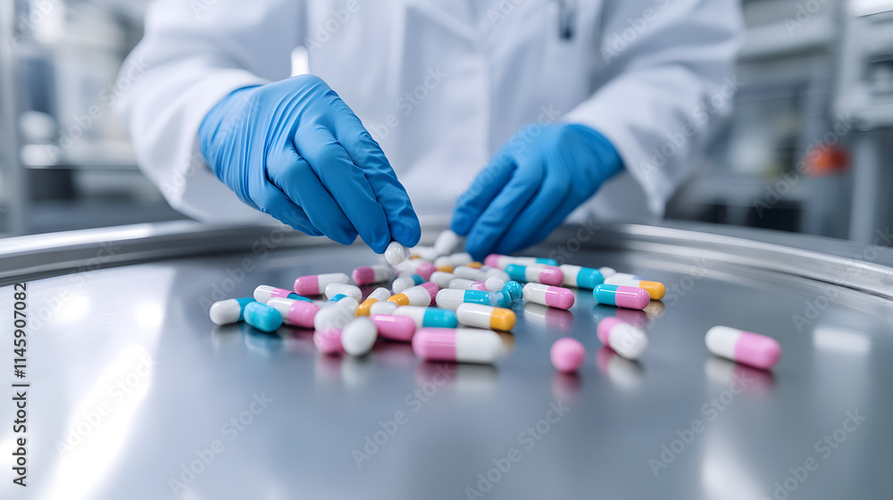 A worker in a white coat and blue gloves carefully packaging products in a clean and sterile environment, showcasing professionalism, hygiene, and precision, ideal for industries such as food processi A worker in a white coat and blue gloves carefully packaging products in a clean and sterile environment, showcasing professionalism, hygiene, and precision, ideal for industries such as food processi
