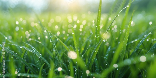 a close up of a lush green field with water droplets