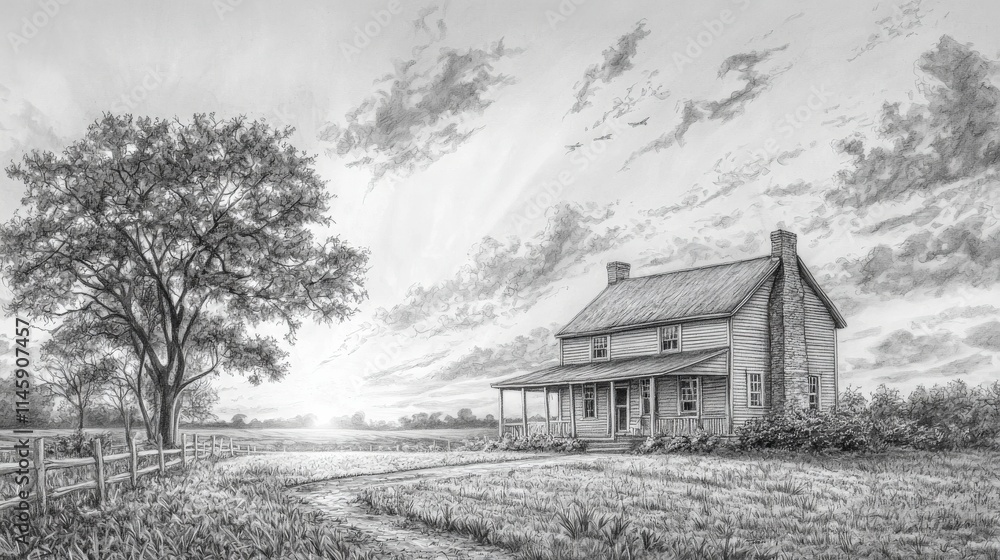 A serene sketch of a rustic farmhouse at sunset, surrounded by a field and a large tree, evoking a sense of tranquility and nostalgia. A serene sketch of a rustic farmhouse at sunset, surrounded by a field and a large tree, evoking a sense of tranquility and nostalgia.