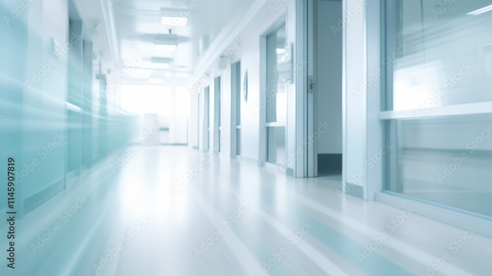 Fototapeta premium Long hospital bright corridor with rooms and seats 3D rendering