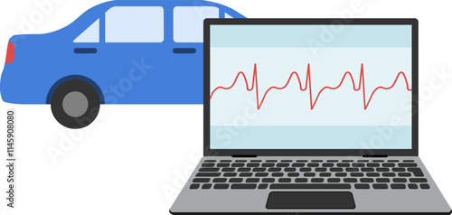 Computer diagnostics of the car, the car is checked for faults via the computer. Vector, cartoon illustration. Vector.