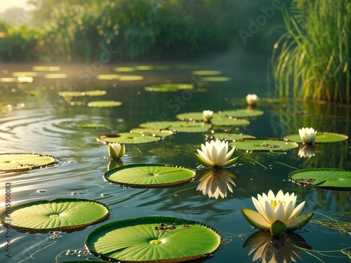 Serene lily pads floating on a calm pond in sunlight