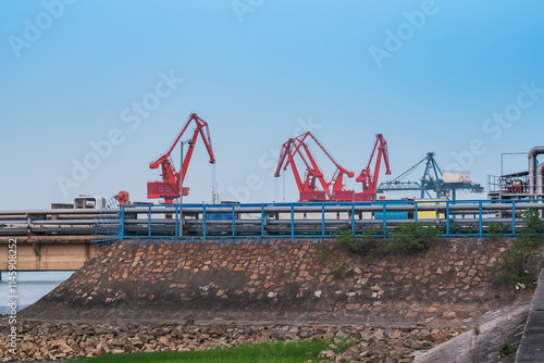 Scenery of Yangtze River Bridge and Port Terminal in Jiangsu Province, China photo