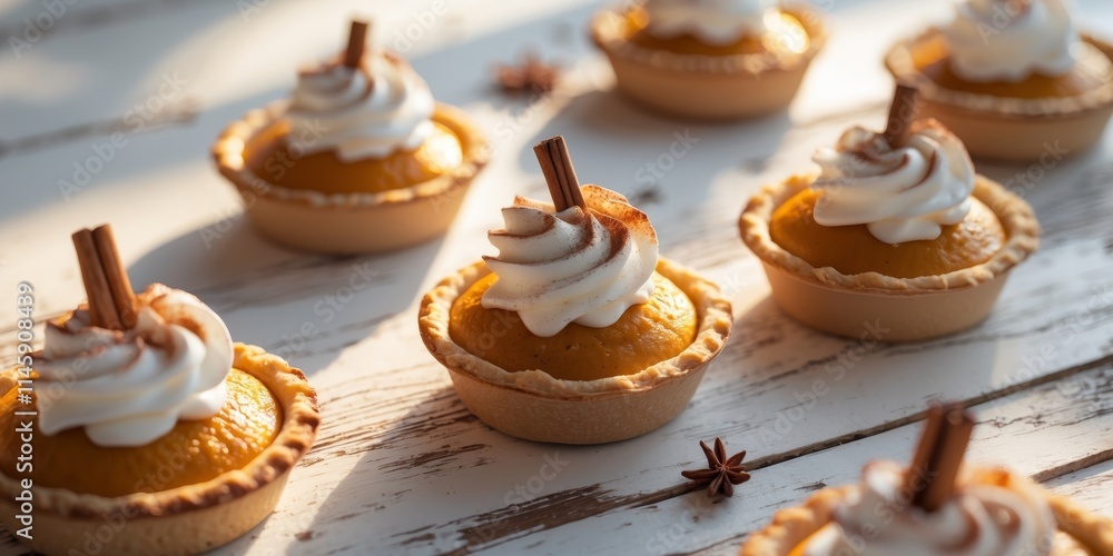 Mini Pumpkin Pies with Whipped Cream and Cinnamon Sticks on Rustic Wooden Table Mini Pumpkin Pies with Whipped Cream and Cinnamon Sticks on Rustic Wooden Table