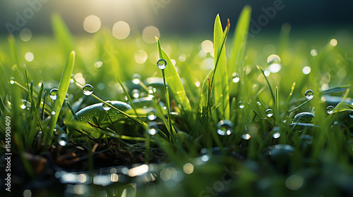 Fototapeta Naklejka Na Ścianę i Meble -  Juicy lush green grass on meadow with drops of water dew sparkle in morning light, spring summer outdoors close-up, copy space