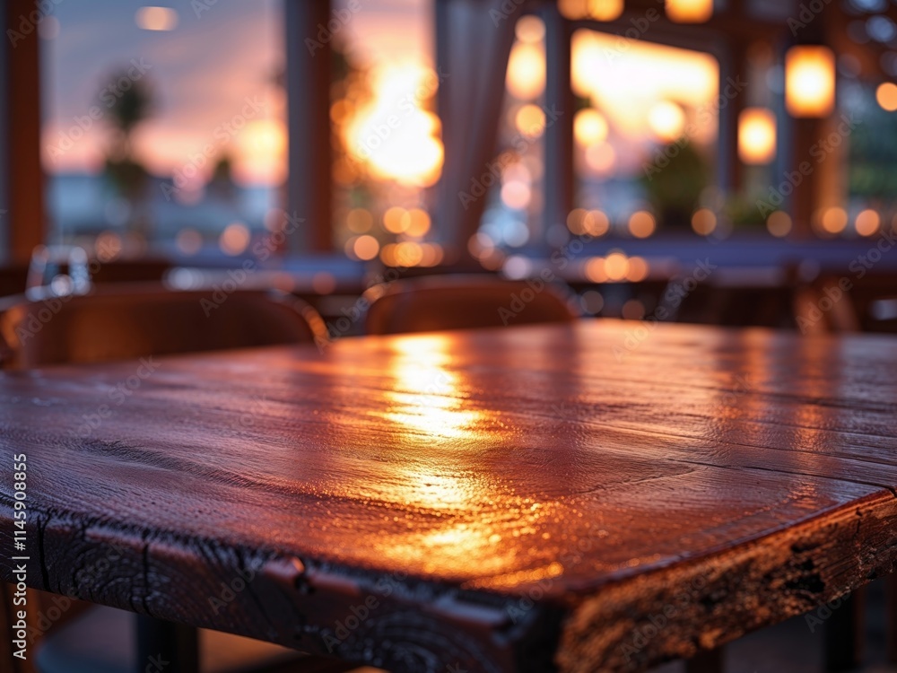 Dark wooden table at a restaurant with blurred background during sunset hours Dark wooden table at a restaurant with blurred background during sunset hours