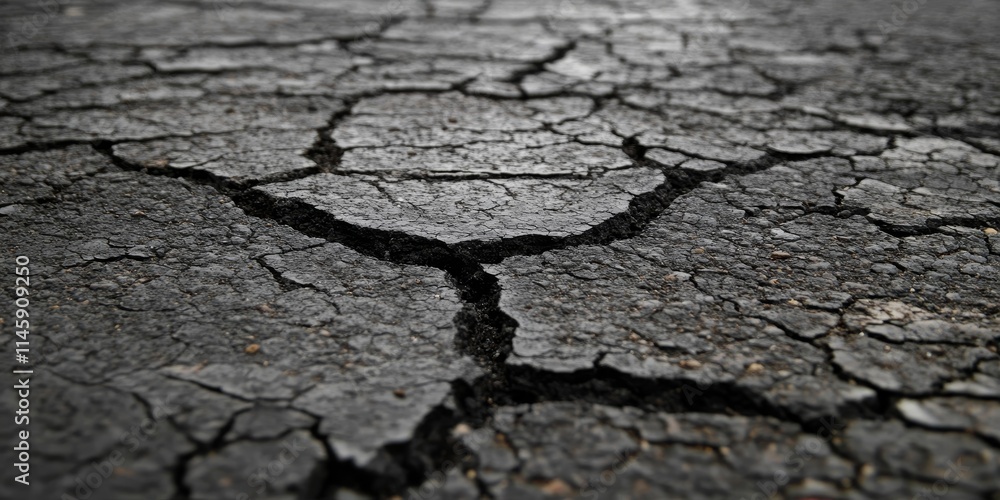 Fototapeta premium Layer of cracked asphalt road showcasing the deterioration and wear. This asphalt road layer highlights the effects of time and weather on road surfaces, emphasizing the broken asphalt s condition.