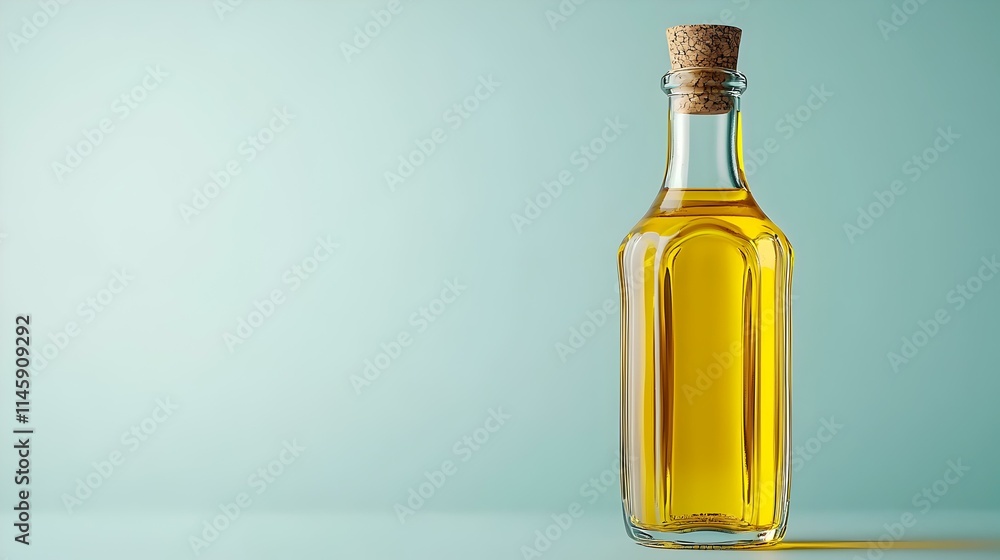 Glass Bottle of Olive Oil with Cork on Soft Blue Background Glass Bottle of Olive Oil with Cork on Soft Blue Background