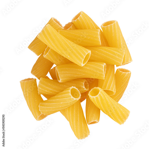 Uncooked tortiglioni pasta forming a pile