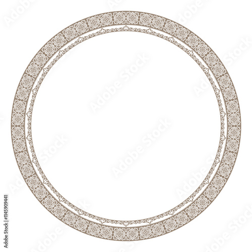 Circle oriental gold frame, workpiece for your design. Ornamental elements and motifs of Turkic, Kazakh, Kyrgyz, Uzbek, national Asian decor for plate, textile and print design. Round frame. Vector. 
