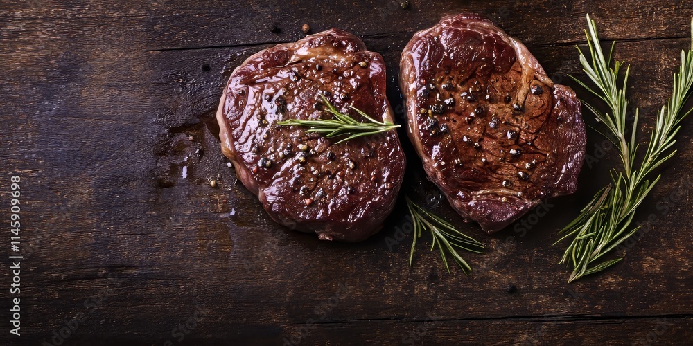 Obraz premium Savory beef steaks displayed on rustic wood offer a mouthwatering visual appeal. These delicious beef steaks highlight the rich textures and colors, perfect for any culinary setting featuring beef