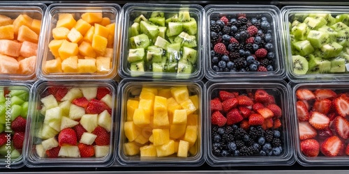 Plastic boxes containing pre packaged fruit salads displayed in a commercial refrigerator for sale, showcasing the vibrant variety and freshness of fruit salads in convenient packaging. photo