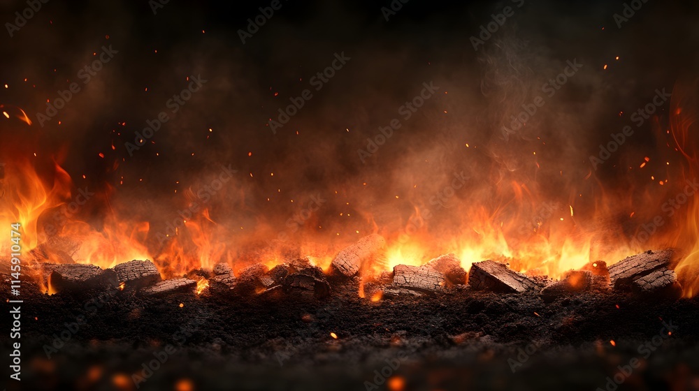 Naklejka premium Fiery Embers Glowing Brightly In The Dark Night