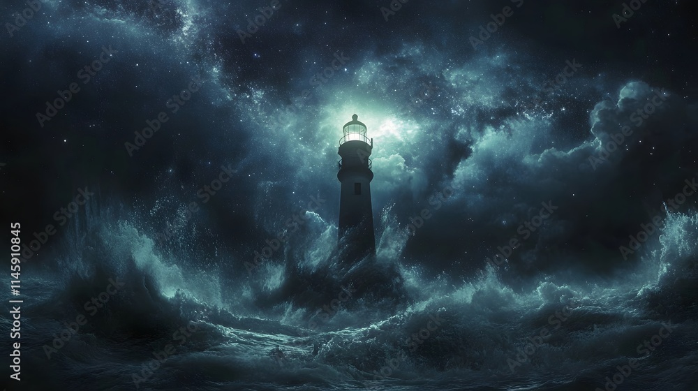 Lone Lighthouse Stands Against Stormy Night Sea Lone Lighthouse Stands Against Stormy Night Sea