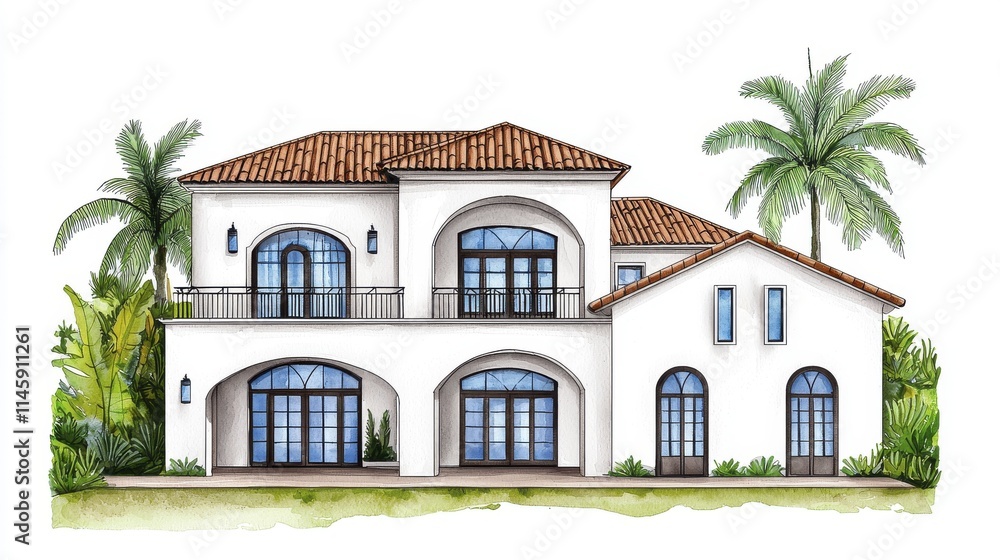 Fototapeta premium Mediterranean House Architectural Watercolor | Watercolor illustrat...