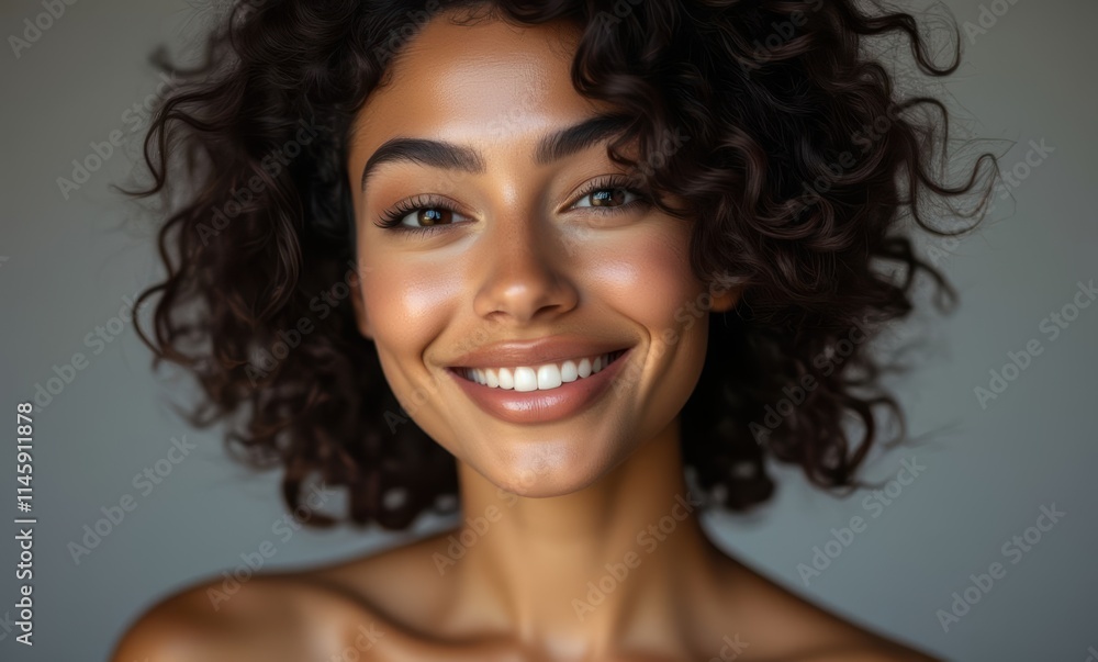 Smiling woman with curly hair and glowing skin Smiling woman with curly hair and glowing skin