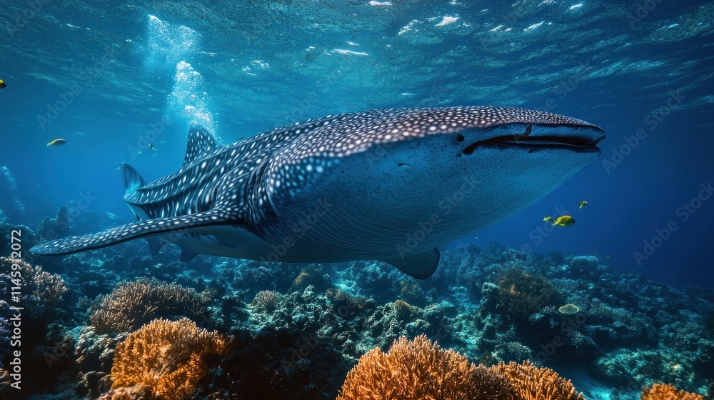 Whale Shark Swimming Over Vibrant Coral Reef Whale Shark Swimming Over Vibrant Coral Reef