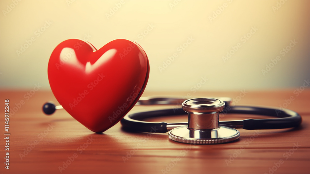 Stethoscope and red heart on wooden table. Cardiology concept Stethoscope and red heart on wooden table. Cardiology concept