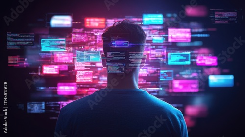 Man Looking at Colorful Data Streams Representing Digital Technology photo