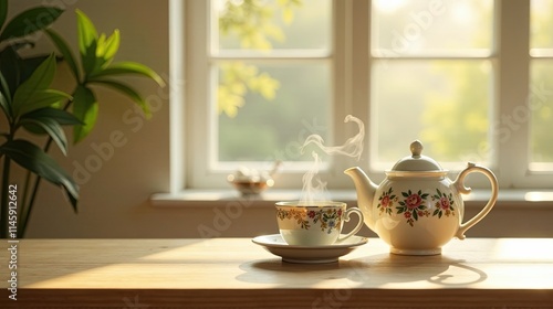 Wallpaper Mural Aromatic Tea Time Steam Rising from a Floral Teacup and Elegant Teapot on a Sunny Wooden Table Near a Window Torontodigital.ca