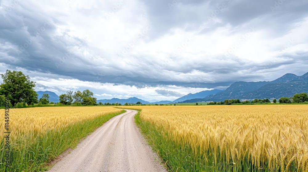 Fototapeta premium Winding dirt road through golden wheat field under dramatic sky.