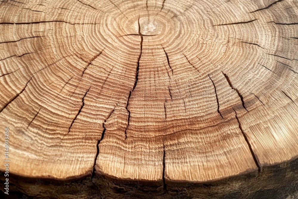 Fototapeta premium A detailed cross-section of a tree log unveils intricate growth patterns and textures, symbolizing nature's beauty and resilience, perfect for educational or artistic applications.