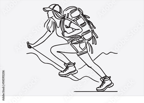 A single line drawing of a woman hiking